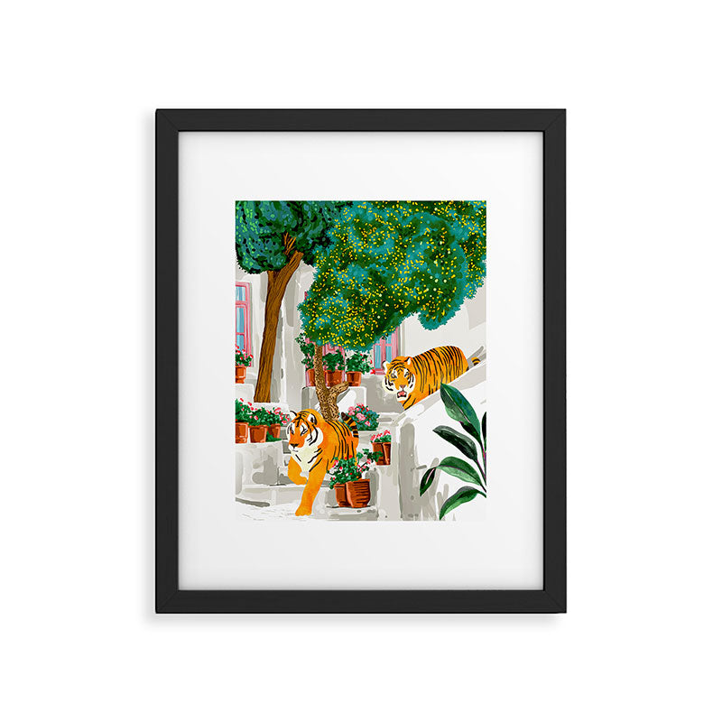 Tigers in Greece | Santorini Travel Architecture, Wildlife Animal Painting | Watercolor Illustration Framed Art Print Gallery Image 6
