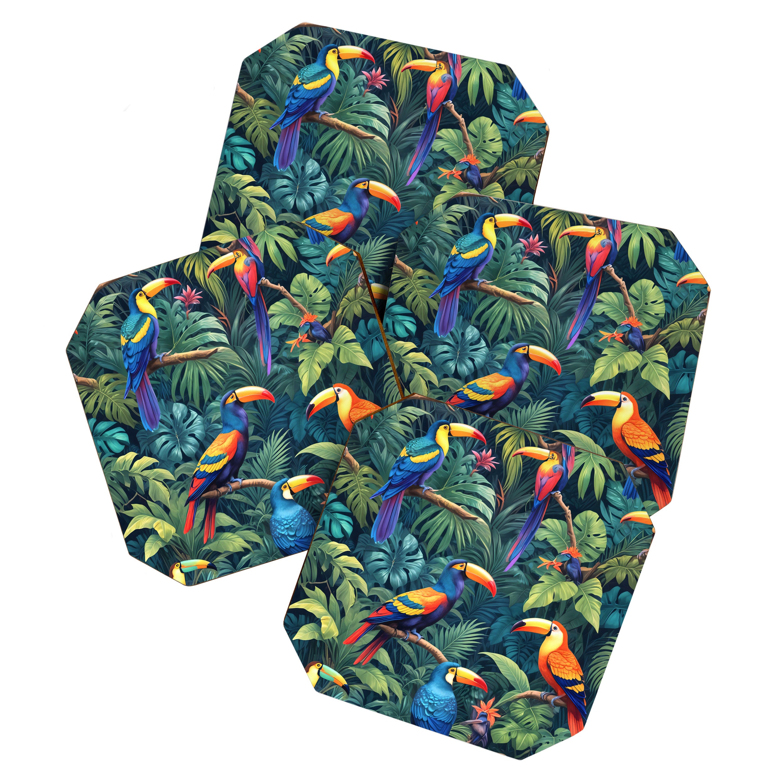 Toucan Jungle, Dark Tropical Botanical Nature Plants, Animals Wildlife Birds Monstera Summer, Forest Bohemian Vintage Coaster Gallery Image 1