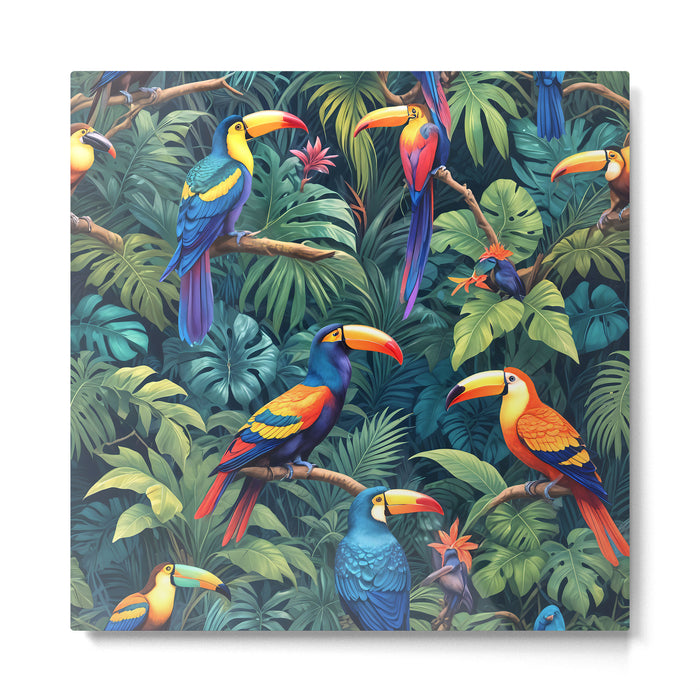 Toucan Jungle, Dark Tropical Botanical Nature Plants, Animals Wildlife Birds Monstera Summer, Forest Bohemian Vintage Metal Print Gallery Image 1
