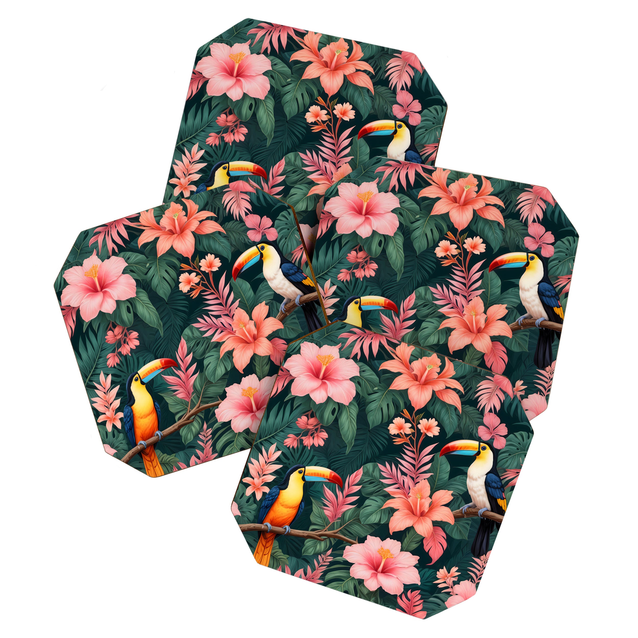 Toucans & Hibiscus, Floral Dark Jungle Blossom, Birds Animals Forest Botanical, Graphic Art Nature Wildlife Coaster Gallery Image 1