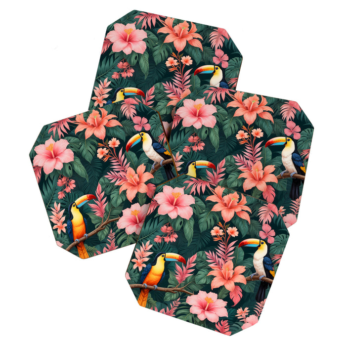 Toucans & Hibiscus, Floral Dark Jungle Blossom, Birds Animals Forest Botanical, Graphic Art Nature Wildlife Coaster Gallery Image 1