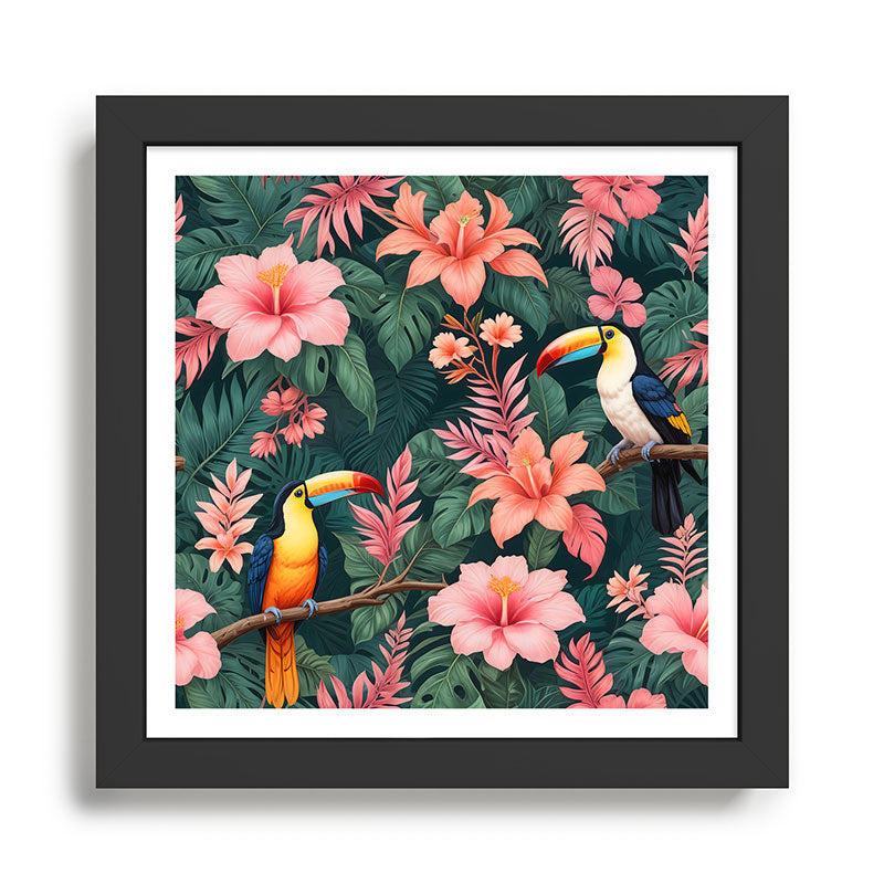 Toucans & Hibiscus, Floral Dark Jungle Blossom, Birds Animals Forest Botanical, Graphic Art Nature Wildlife Framed Art Print Gallery Image 1