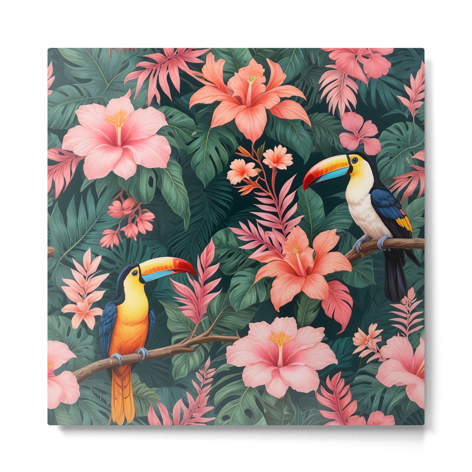 Toucans & Hibiscus, Floral Dark Jungle Blossom, Birds Animals Forest Botanical, Graphic Art Nature Wildlife Metal Print Gallery Image 2