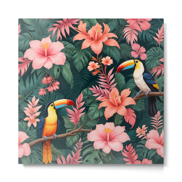 Toucans & Hibiscus, Floral Dark Jungle Blossom, Birds Animals Forest Botanical, Graphic Art Nature Wildlife Metal Print Gallery Image 1