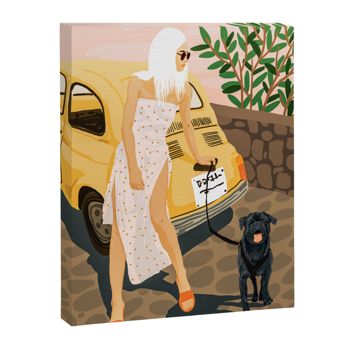 Tour, Pet Dog Walk, Italy Summer Fashion Woman, Animal Illustration, Travel Bohemian Cooper Painting Canvas Print Gallery Image 1