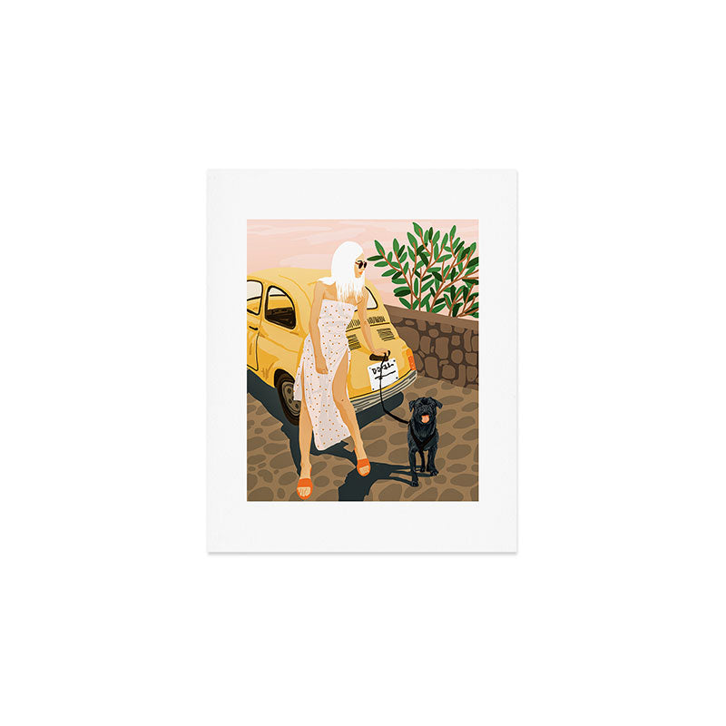 Tour, Pet Dog Walk, Italy Summer Fashion Woman, Animal Illustration, Travel Bohemian Cooper Painting Art Print Gallery Image 1