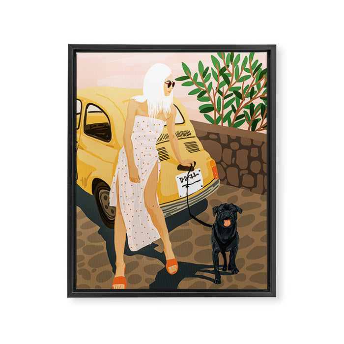 Tour, Pet Dog Walk, Italy Summer Fashion Woman, Animal Illustration, Travel Bohemian Cooper Painting Framed Canvas Print Gallery Image 1