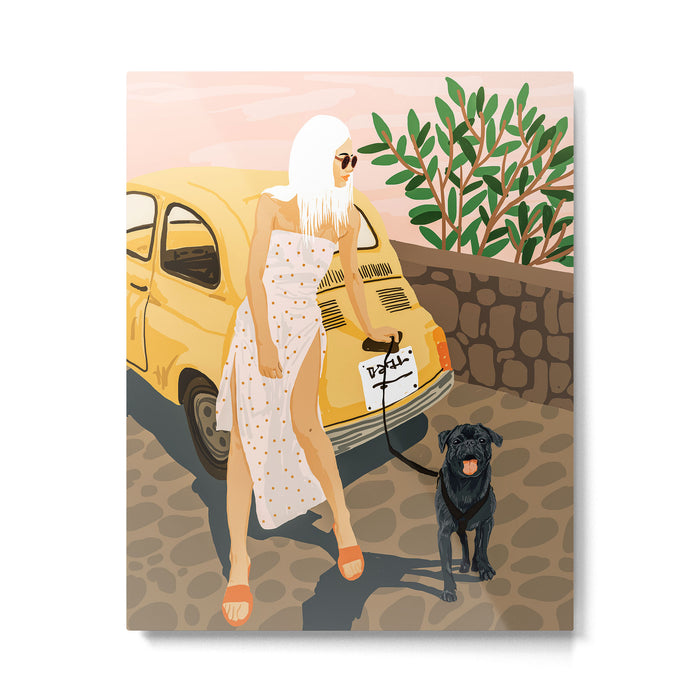 Tour, Pet Dog Walk, Italy Summer Fashion Woman, Animal Illustration, Travel Bohemian Cooper Painting Metal Print Gallery Image 1