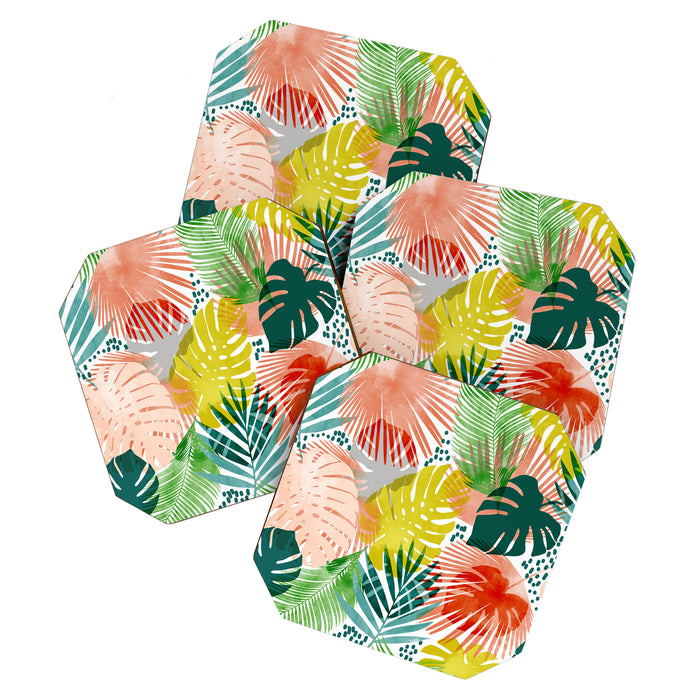 Tropical Garden, Botanical Colorful Jungle Watercolor Painting, Monstera Palm Nature Blush Bohemian Coaster Gallery Image 1