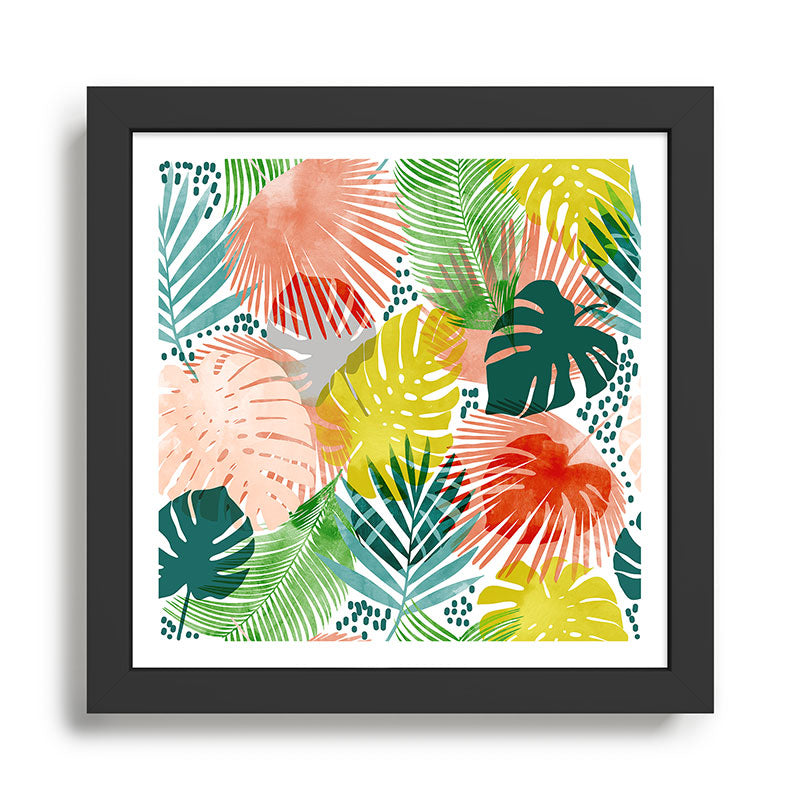 Tropical Garden, Botanical Colorful Jungle Watercolor Painting, Monstera Palm Nature Blush Bohemian Framed Art Print Gallery Image 1