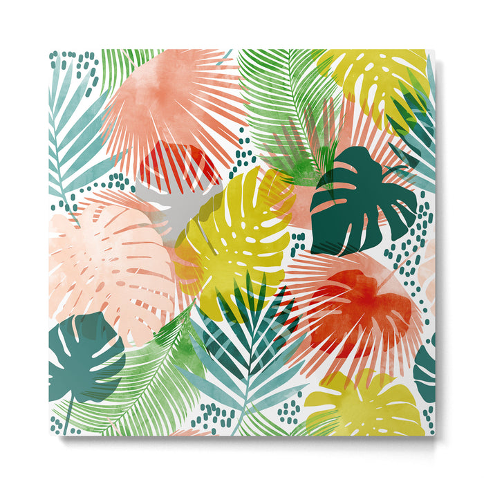 Tropical Garden, Botanical Colorful Jungle Watercolor Painting, Monstera Palm Nature Blush Bohemian Metal Print Gallery Image 1