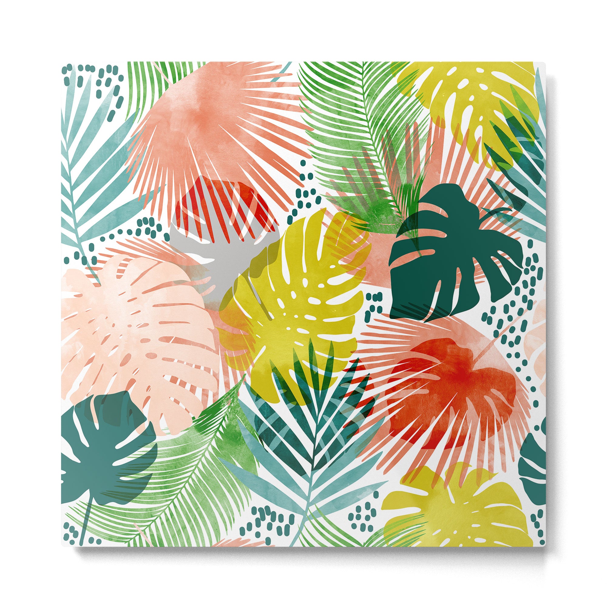 Tropical Garden, Botanical Colorful Jungle Watercolor Painting, Monstera Palm Nature Blush Bohemian Metal Print Gallery Image 2