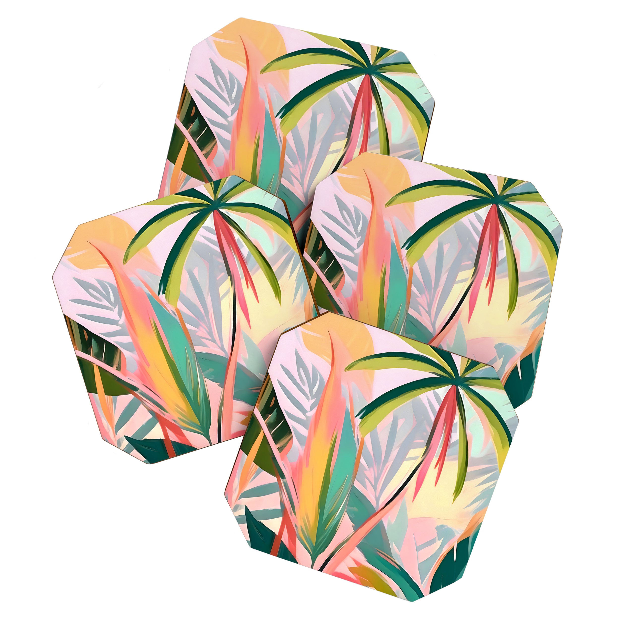 Tropical Jewels, Pastel Jungle Botanical Pastel, Bohemian Eclectic Plants Palms, Exotic Forest Nature Painting Coaster Gallery Image 1