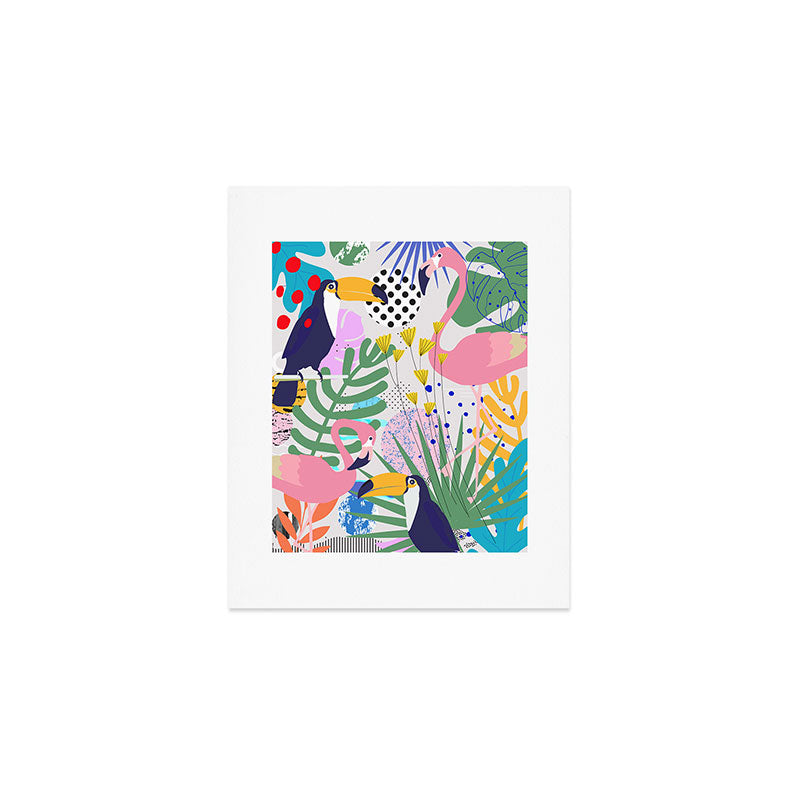 Tropical Spring | Pastel Quirky Modern Bohemian Jungle Botanical | Flamingo Palm Cockatoo Birds Art Print Gallery Image 1