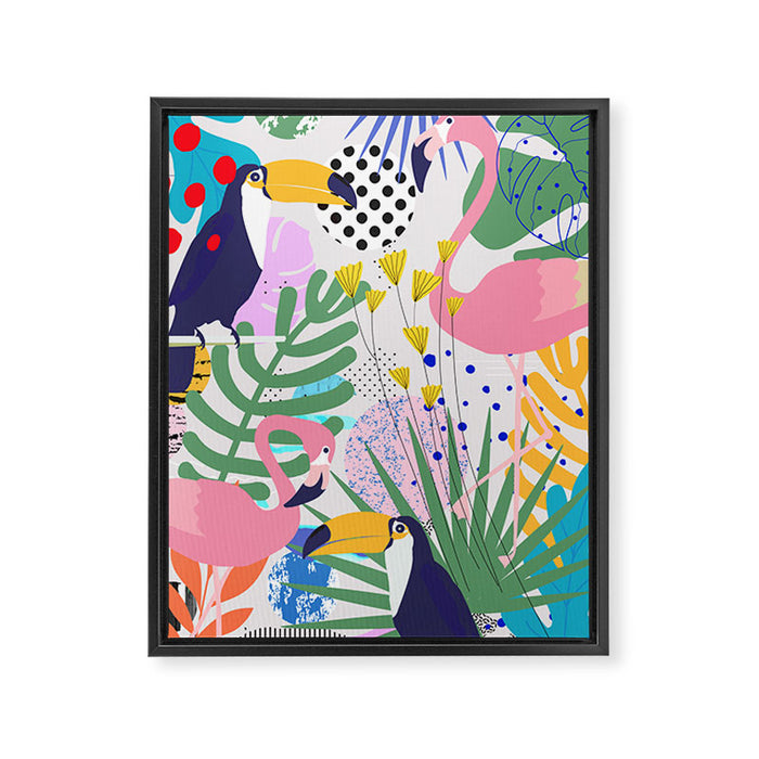 Tropical Spring | Pastel Quirky Modern Bohemian Jungle Botanical | Flamingo Palm Cockatoo Birds Framed Canvas Print Gallery Image 1