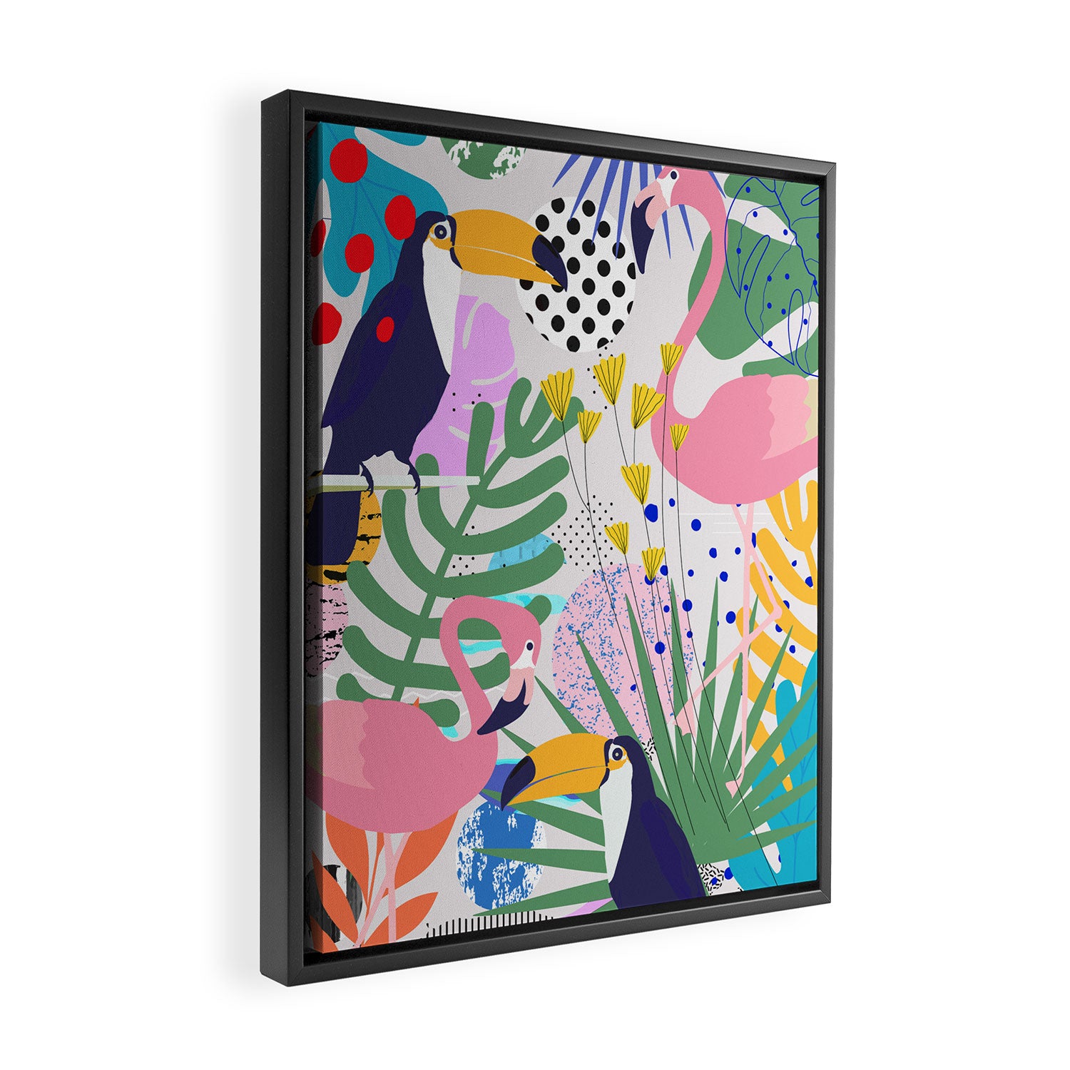 Tropical Spring | Pastel Quirky Modern Bohemian Jungle Botanical | Flamingo Palm Cockatoo Birds Framed Canvas Print Gallery Image 2
