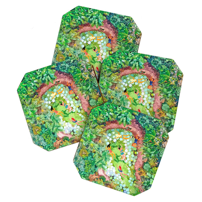 Tropical Vacay | Rainforest Jungle Botanical Lush Nature | Summer Lake People Swim | Boho Painting Coaster Gallery Image 1
