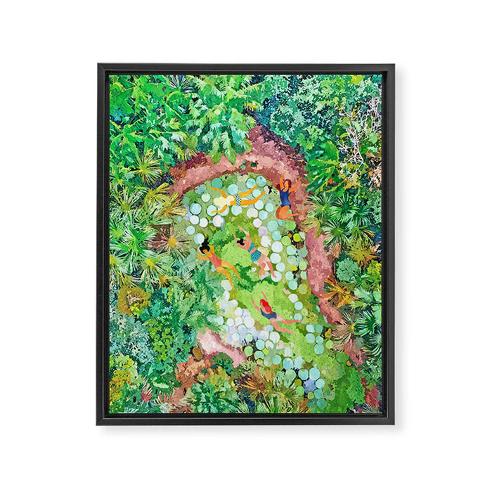 Tropical Vacay | Rainforest Jungle Botanical Lush Nature | Summer Lake People Swim | Boho Painting Framed Canvas Print Gallery Image 1