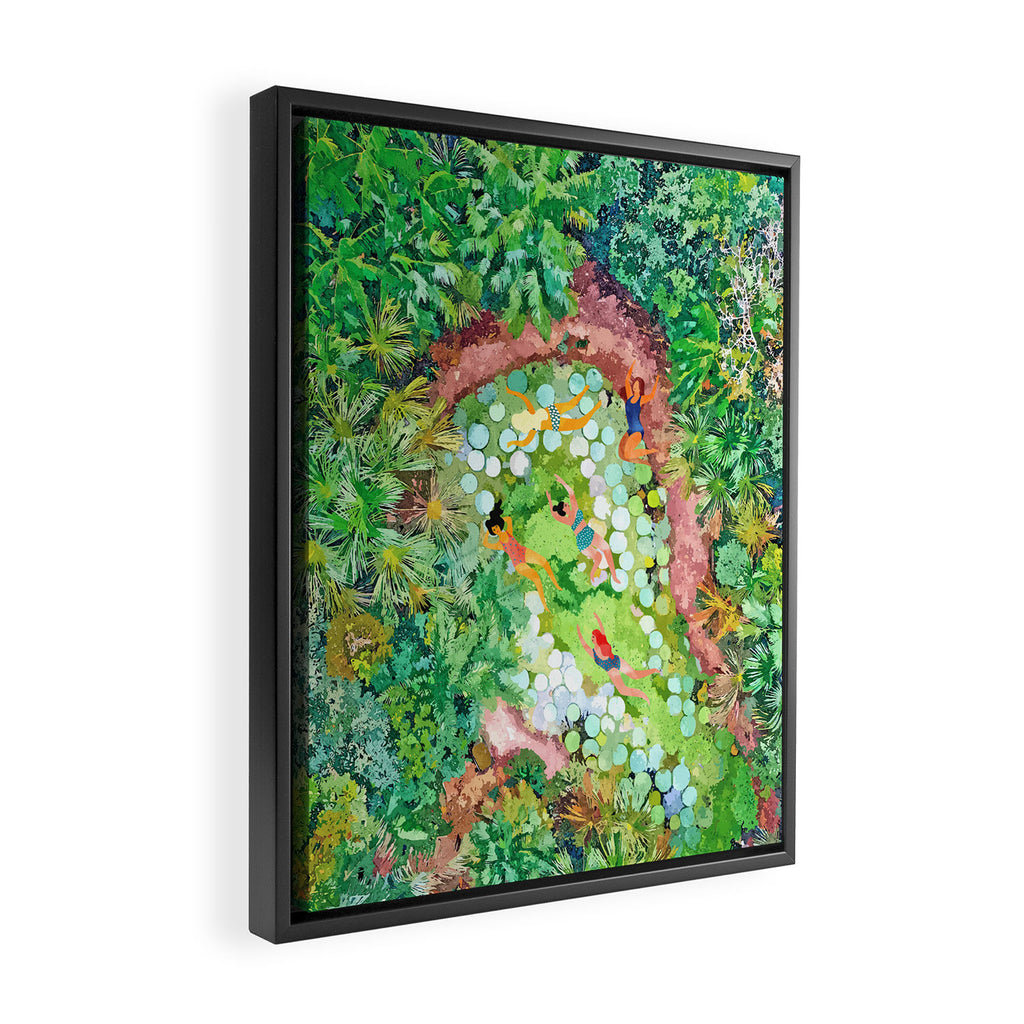 Tropical Vacay | Rainforest Jungle Botanical Lush Nature | Summer Lake People Swim | Boho Painting Framed Canvas Print Gallery Image 2