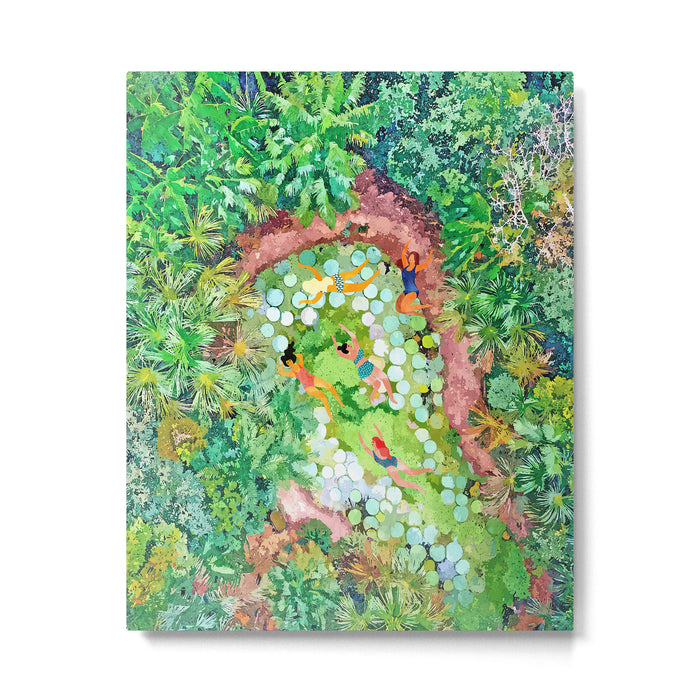 Tropical Vacay | Rainforest Jungle Botanical Lush Nature | Summer Lake People Swim | Boho Painting Metal Print Gallery Image 1