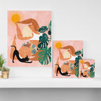 Tropical Yoga, Bohemian Woman Cat Pet Monstera Watercolor Painting, Blonde Quirky Illustration Canvas Print Gallery Image 3