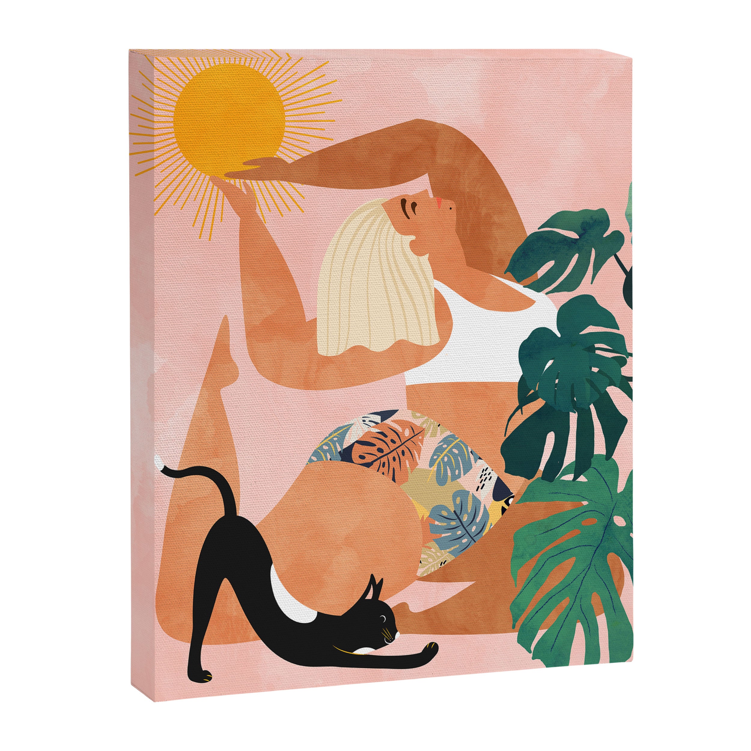 Tropical Yoga, Bohemian Woman Cat Pet Monstera Watercolor Painting, Blonde Quirky Illustration Canvas Print Gallery Image 6