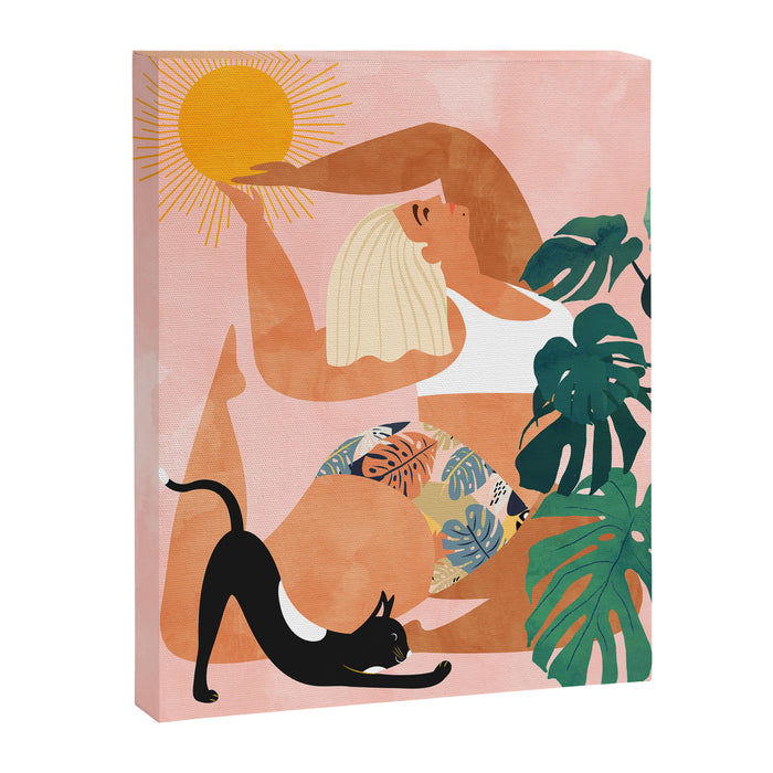 Tropical Yoga, Bohemian Woman Cat Pet Monstera Watercolor Painting, Blonde Quirky Illustration Canvas Print Gallery Image 1