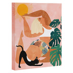 Tropical Yoga, Bohemian Woman Cat Pet Monstera Watercolor Painting, Blonde Quirky Illustration Canvas Print Gallery Image 3