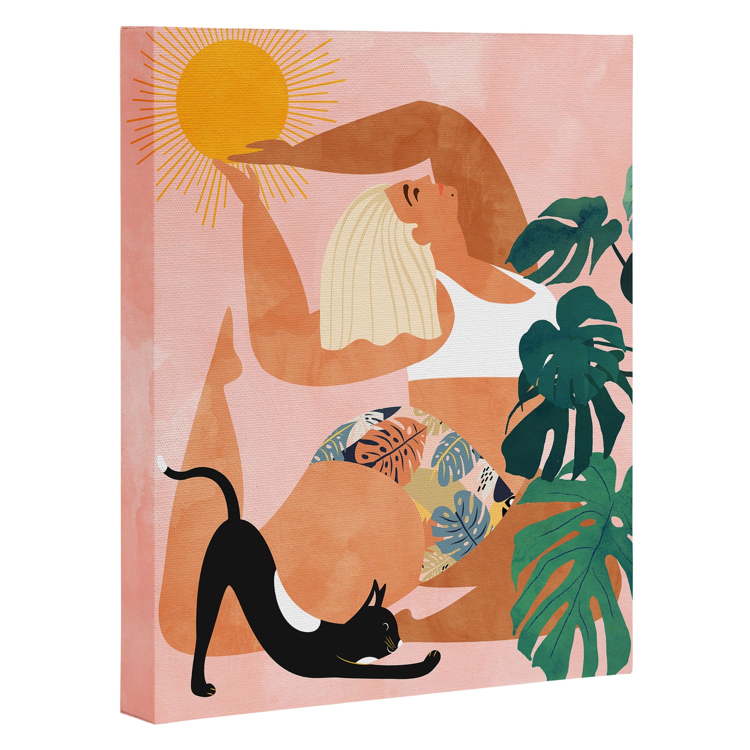 Tropical Yoga, Bohemian Woman Cat Pet Monstera Watercolor Painting, Blonde Quirky Illustration Canvas Print Gallery Image 3