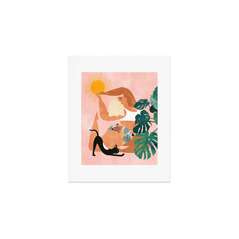 Tropical Yoga, Bohemian Woman Cat Pet Monstera Watercolor Painting, Blonde Quirky Illustration Art Print Gallery Image 1