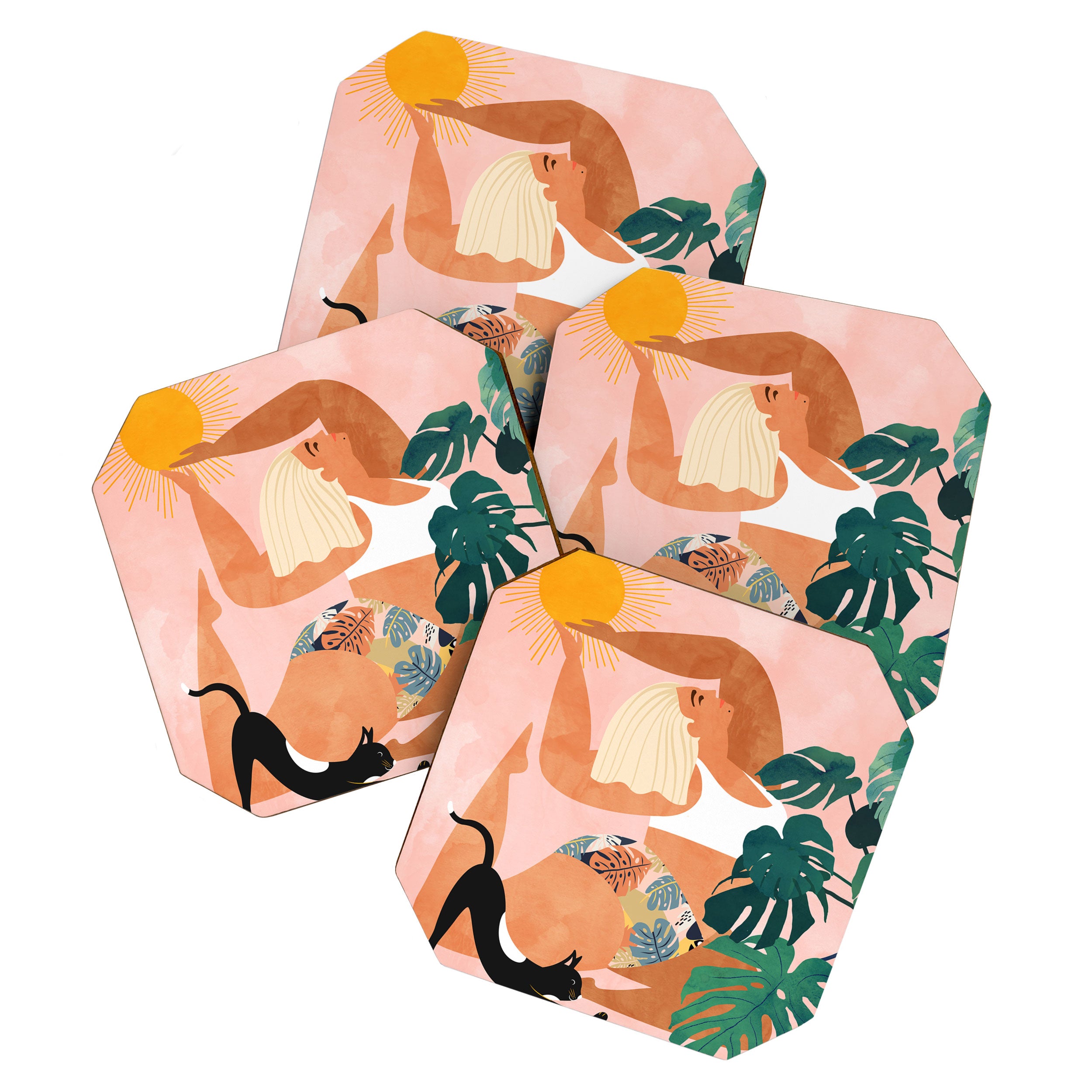Tropical Yoga, Bohemian Woman Cat Pet Monstera Watercolor Painting, Blonde Quirky Illustration Coaster Gallery Image 1