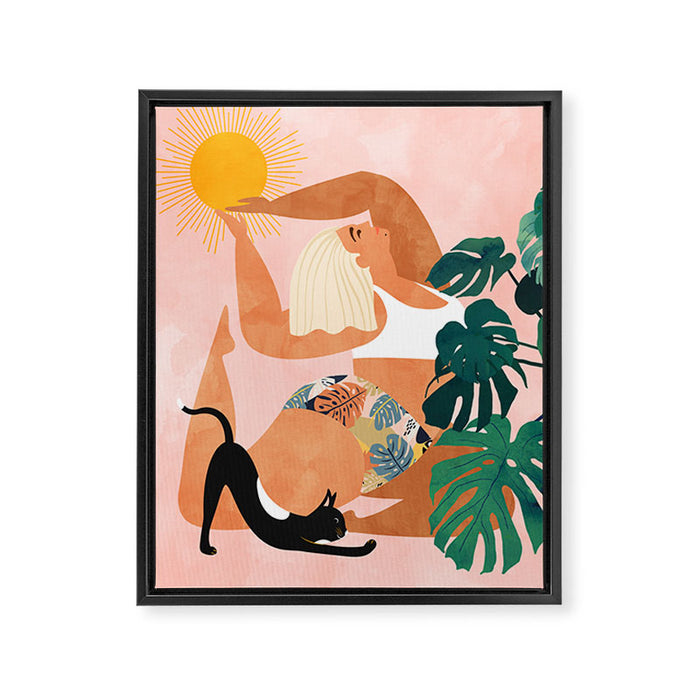 Tropical Yoga, Bohemian Woman Cat Pet Monstera Watercolor Painting, Blonde Quirky Illustration Framed Canvas Print Gallery Image 1