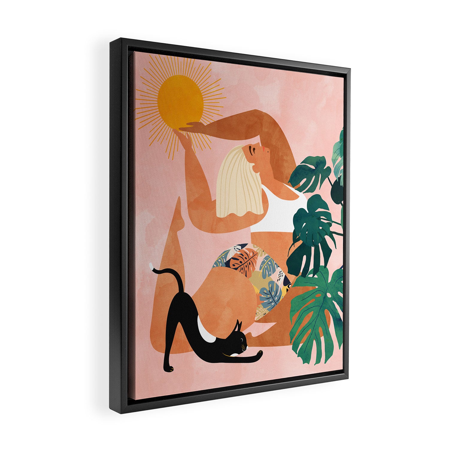 Tropical Yoga, Bohemian Woman Cat Pet Monstera Watercolor Painting, Blonde Quirky Illustration Framed Canvas Print Gallery Image 2