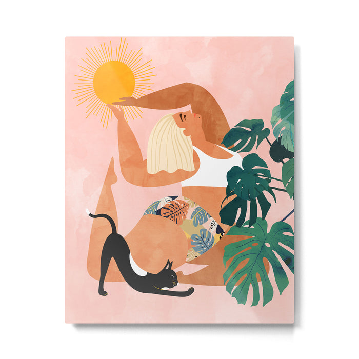 Tropical Yoga, Bohemian Woman Cat Pet Monstera Watercolor Painting, Blonde Quirky Illustration Metal Print Gallery Image 1