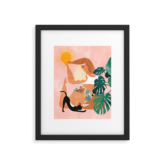 Tropical Yoga, Bohemian Woman Cat Pet Monstera Watercolor Painting, Blonde Quirky Illustration Framed Art Print Gallery Image 1