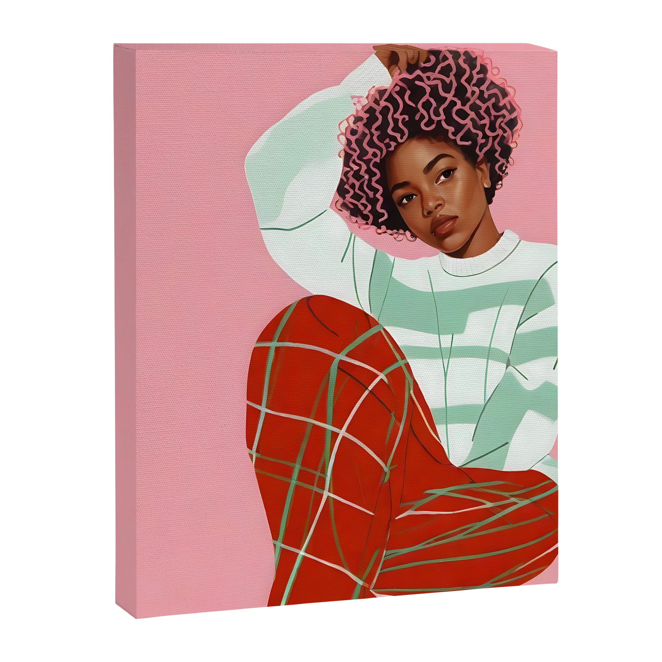 Un-Confine, Free Spirit Colorful People, Plaid Check Pattern Black Woman Afro, Tartar Fashion Eclectic Bohemian, Hep Chic Illustration Painting Canvas Print Gallery Image 6