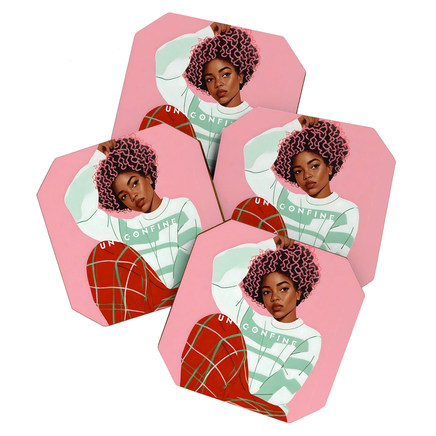 Un-Confine, Free Spirit Colorful People, Plaid Check Pattern Black Woman Afro, Tartar Fashion Eclectic Bohemian, Hep Chic Illustration Painting Coaster Gallery Image 1