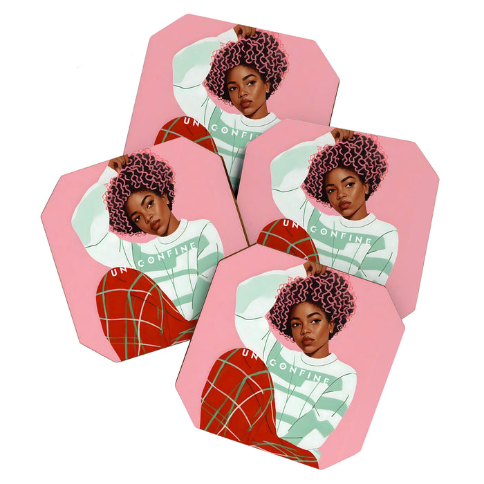 Un-Confine, Free Spirit Colorful People, Plaid Check Pattern Black Woman Afro, Tartar Fashion Eclectic Bohemian, Hep Chic Illustration Painting Coaster Gallery Image 1
