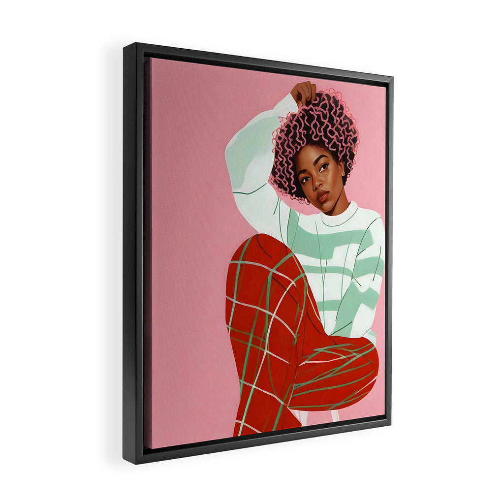 Un-Confine, Free Spirit Colorful People, Plaid Check Pattern Black Woman Afro, Tartar Fashion Eclectic Bohemian, Hep Chic Illustration Painting Framed Canvas Print Gallery Image 2