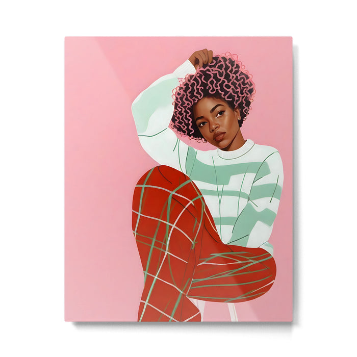 Un-Confine, Free Spirit Colorful People, Plaid Check Pattern Black Woman Afro, Tartar Fashion Eclectic Bohemian, Hep Chic Illustration Painting Metal Print Gallery Image 1