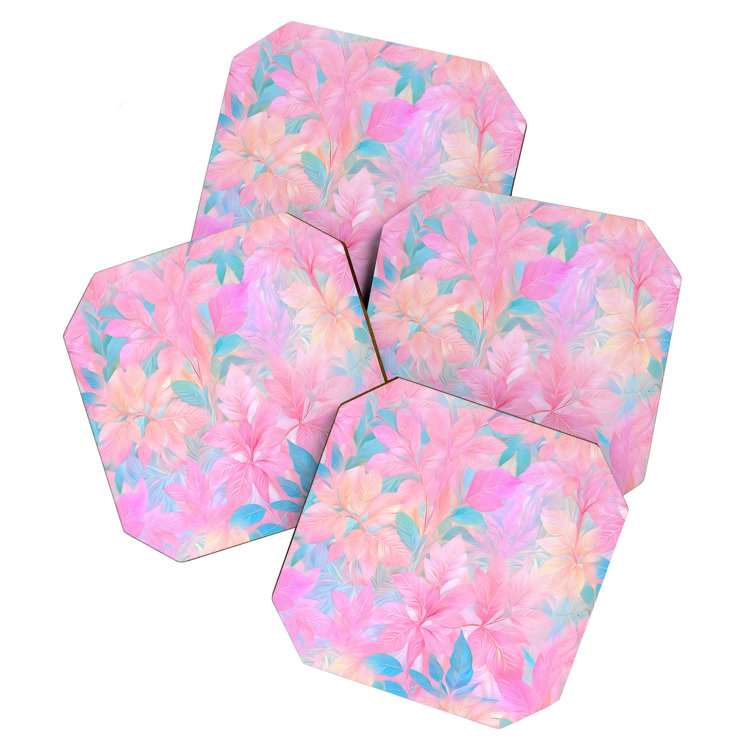 Unicorn Garden, Iridescent Holographic Soft Pastel Gradient, Yoga Meditation Mindfulness Spiritual, Eclectic Pink Botanical Nature Plants Forest Graphic Design Pattern Coaster Gallery Image 1