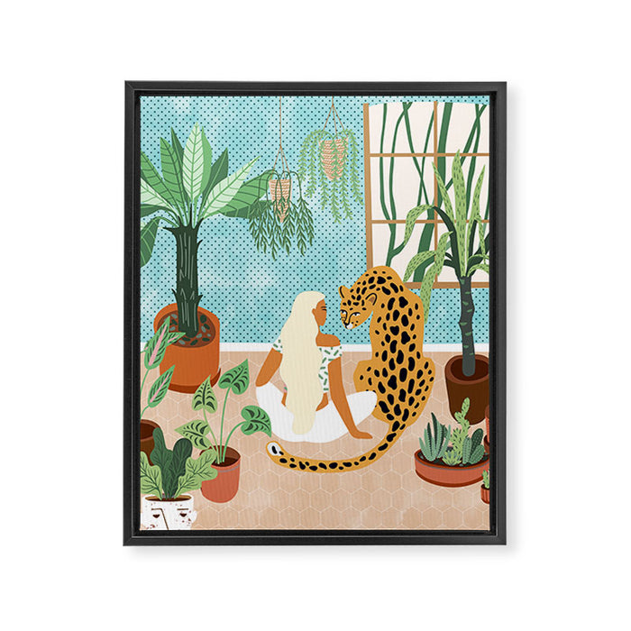 Urban Jungle Illustration, Tiger Home Decor, Woman & Modern Bohemian Wildlife Painting Framed Canvas Print Gallery Image 1