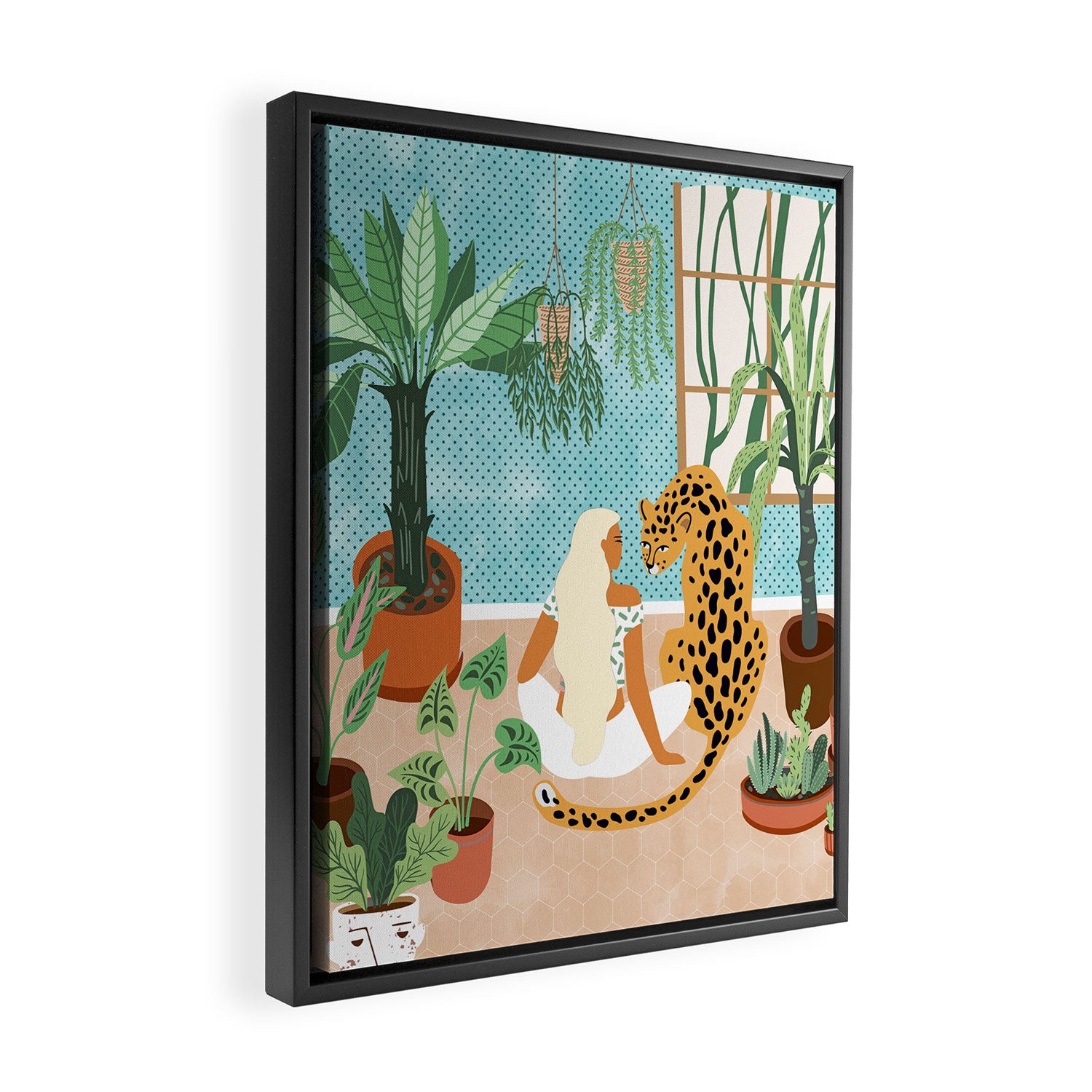 Urban Jungle Illustration, Tiger Home Decor, Woman & Modern Bohemian Wildlife Painting Framed Canvas Print Gallery Image 2