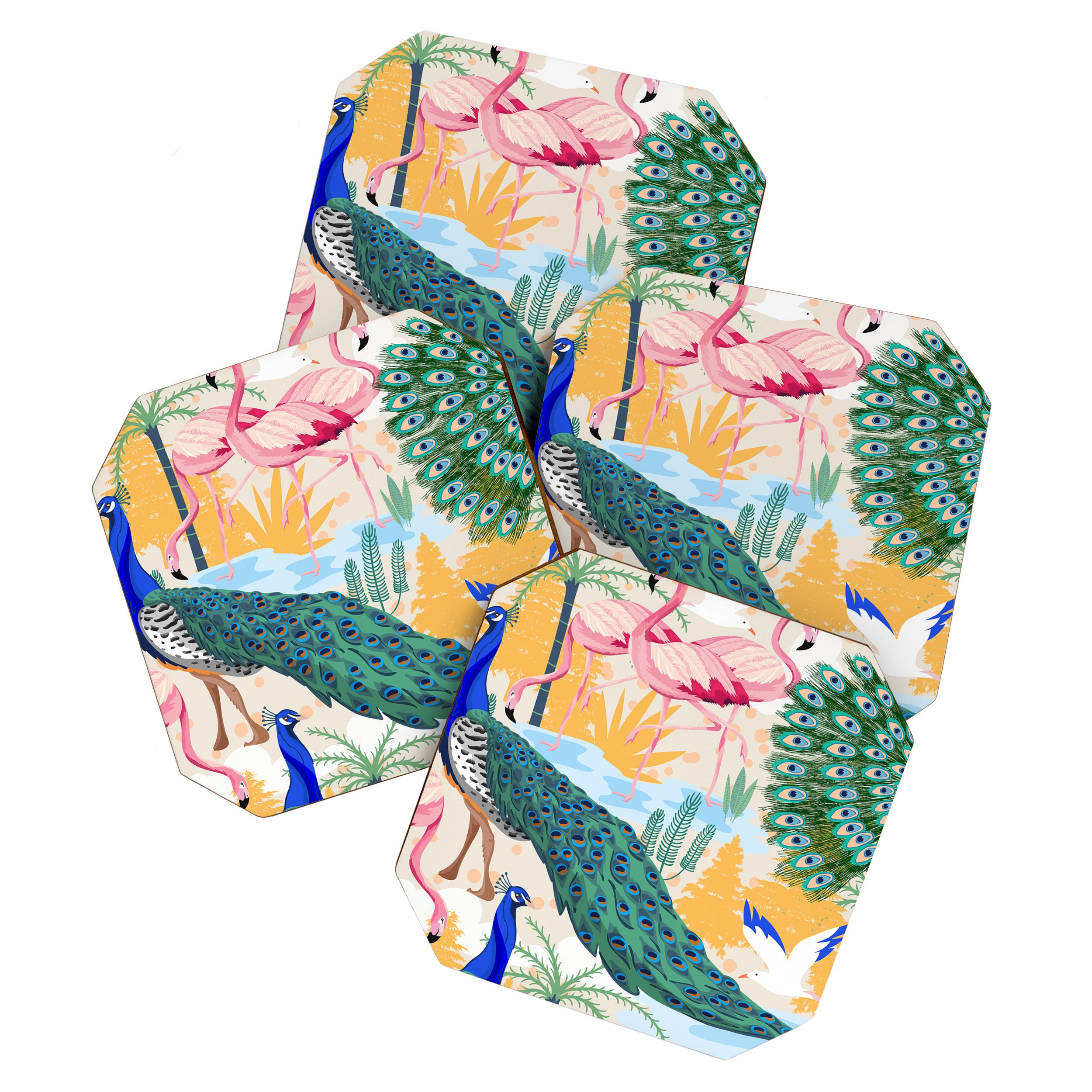 Utopia, Tropical Wildlife Animals, Flamingo Peacock Seagull Vintage Botanical Palm Coaster Gallery Image 1