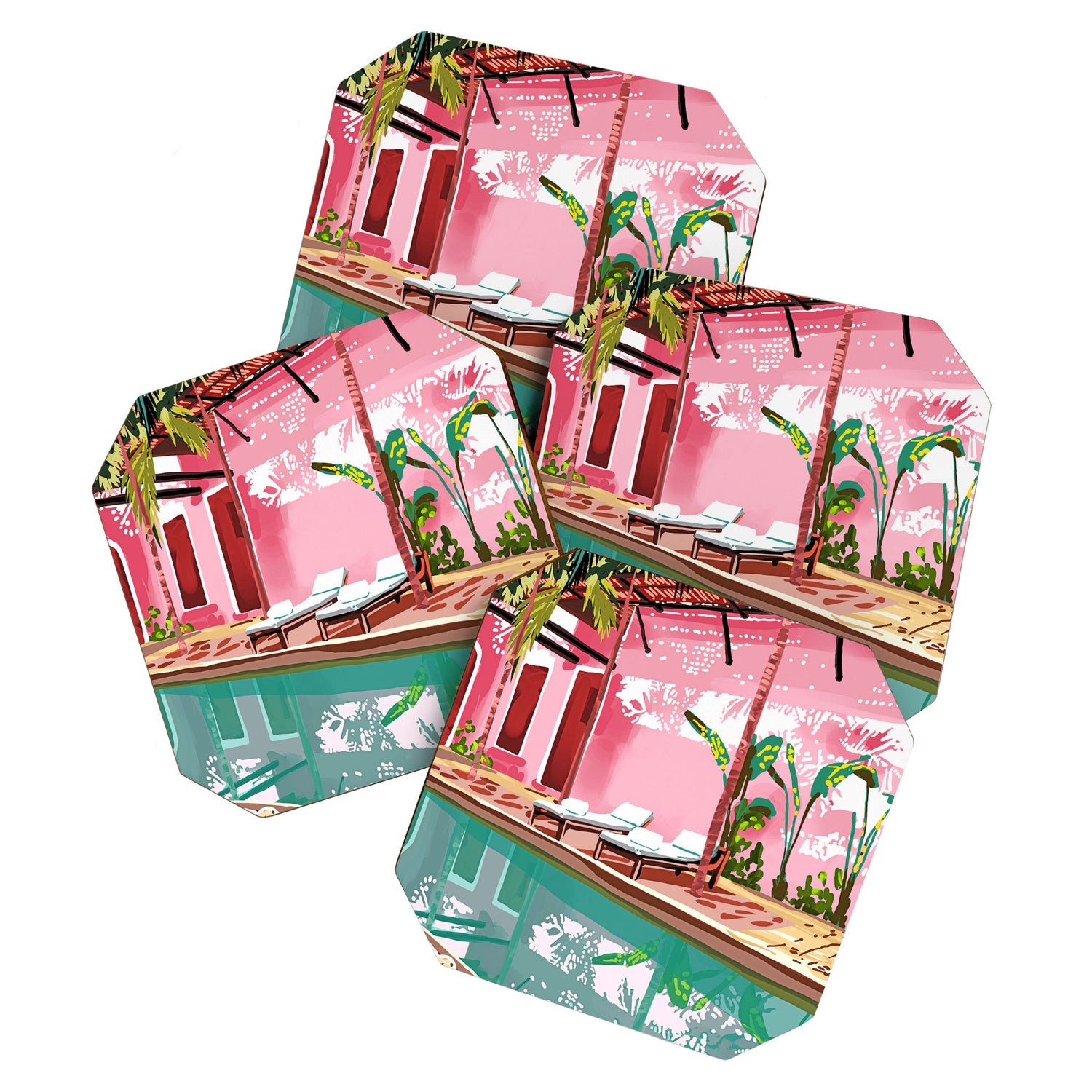 Vacay Villa | Blush Pink Summer Architecture | Tropical Travel Building | Palm Bohemian Resort Coaster Gallery Image 1