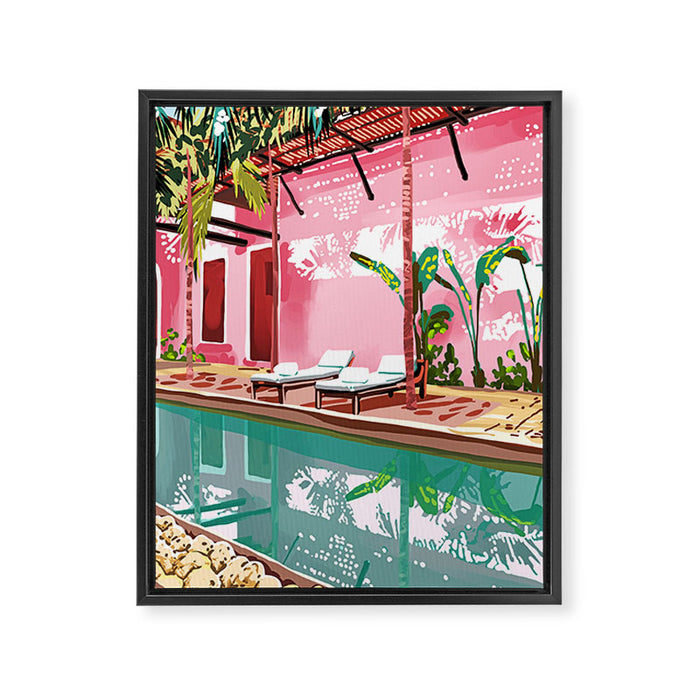 Vacay Villa | Blush Pink Summer Architecture | Tropical Travel Building | Palm Bohemian Resort Framed Canvas Print Gallery Image 1