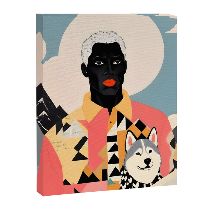 Winter Companion, Dog Pet Black Man Collage, Frosty Snow Mountain Travel Adventure, Eclectic Texture Concept Contemporary Modern Graphic Design Canvas Print Gallery Image 1