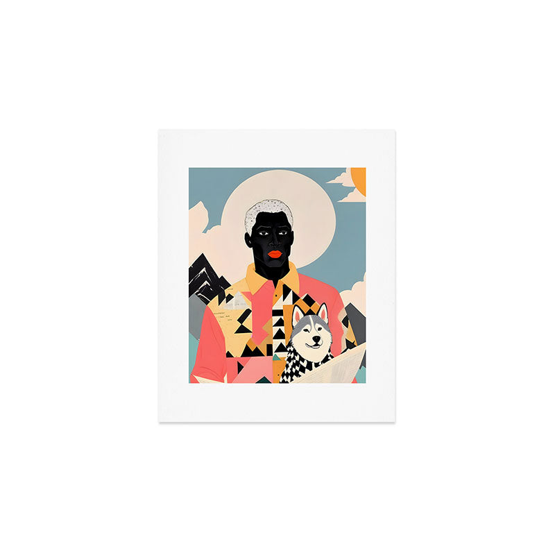 Winter Companion, Dog Pet Black Man Collage, Frosty Snow Mountain Travel Adventure, Eclectic Texture Concept Contemporary Modern Graphic Design Art Print Gallery Image 1