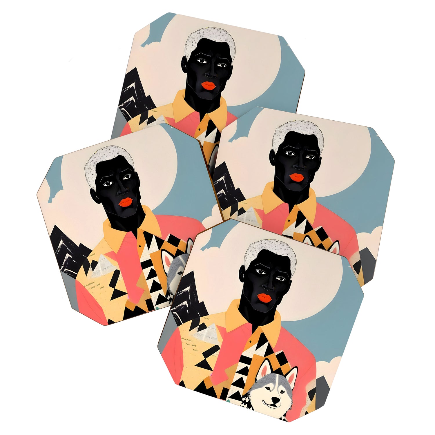 Winter Companion, Dog Pet Black Man Collage, Frosty Snow Mountain Travel Adventure, Eclectic Texture Concept Contemporary Modern Graphic Design Coaster Gallery Image 1