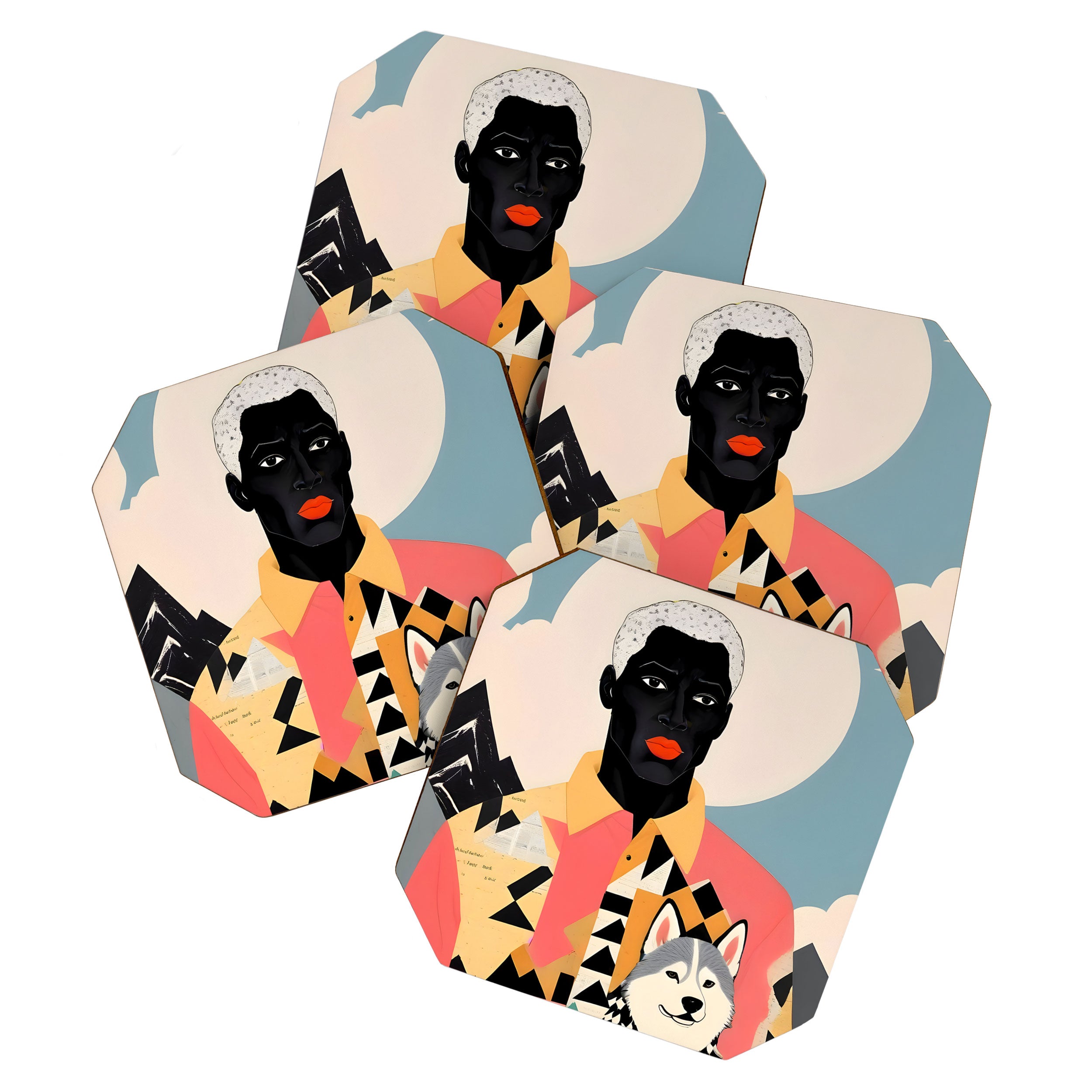 Winter Companion, Dog Pet Black Man Collage, Frosty Snow Mountain Travel Adventure, Eclectic Texture Concept Contemporary Modern Graphic Design Coaster Gallery Image 1